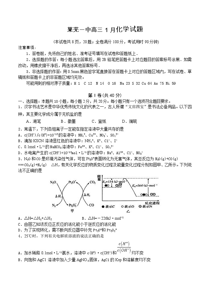 山东省济南市莱芜一中2021届高三1月份月考 化学 (含答案) 试卷01