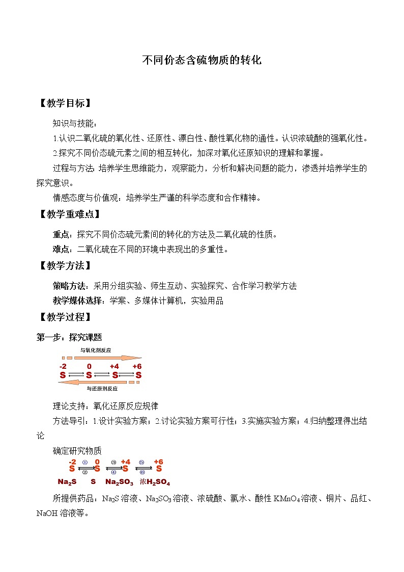 人教版（2019）化学必修二实验活动：不同价态含硫物质的转化 教案01