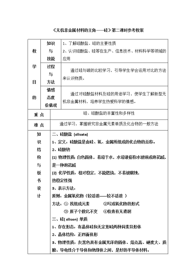 人教版高中化学必修一教案-4.1 无机非金属材料的主角——硅 第二课时01