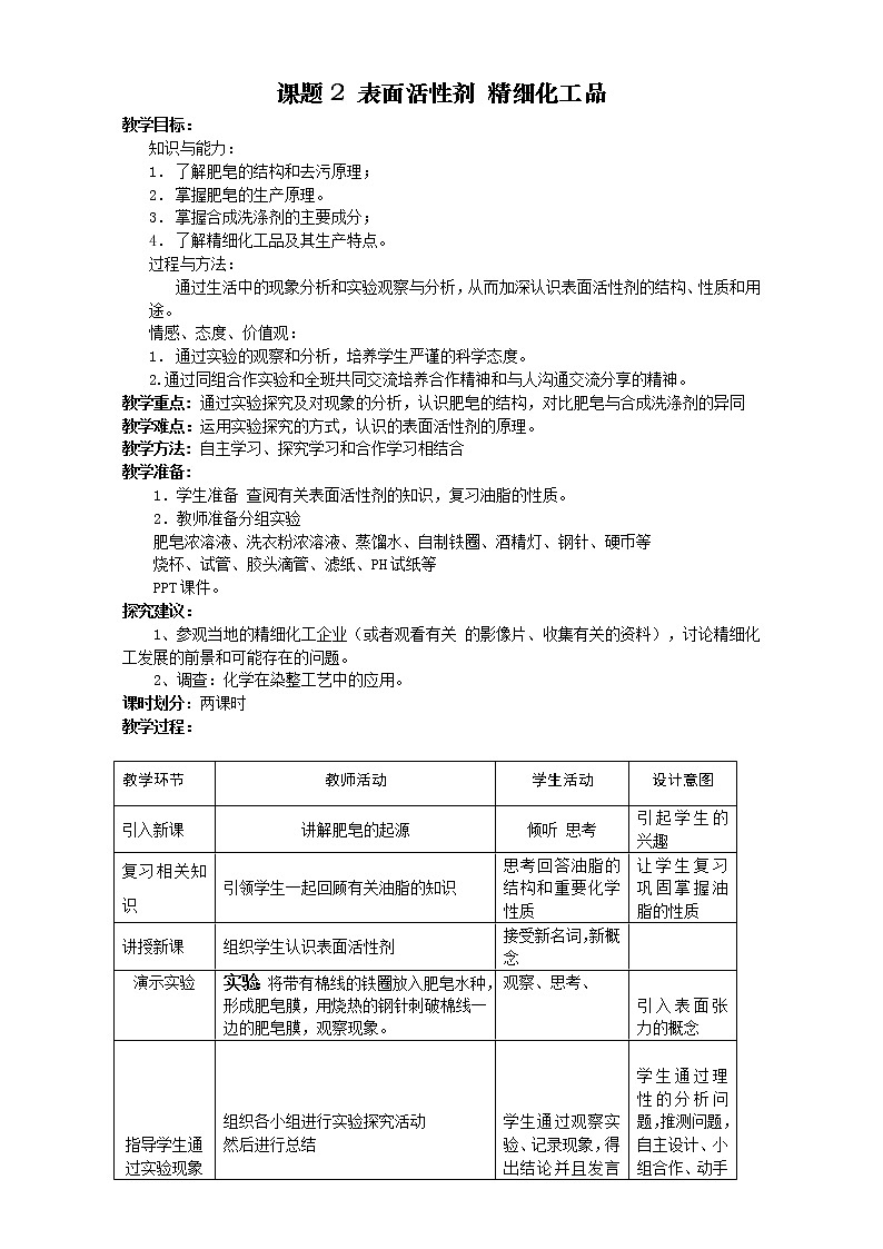 高中化学-新课标人教版选修二 第4单元课题2 表面活性剂 精细化工品 教案01