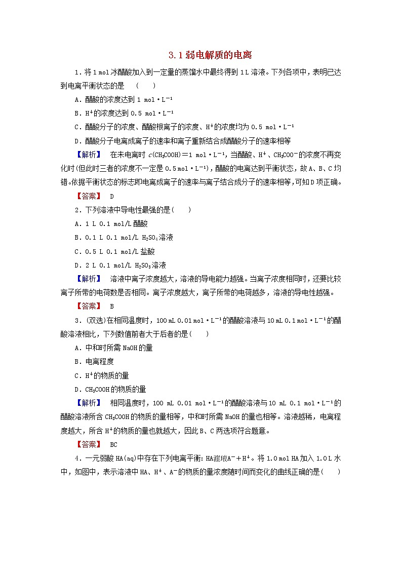 高中化学 3.1弱电解质的电离练习 新人教版选修401