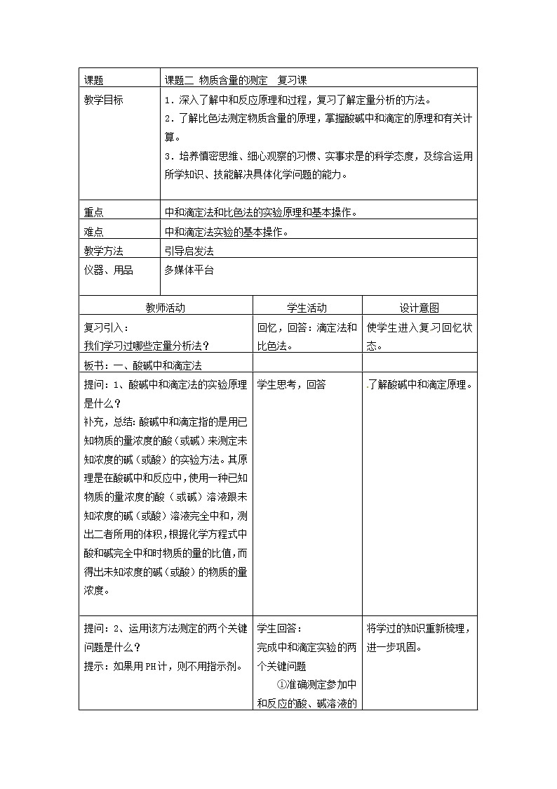 2021学年人教版选修6 第三单元课题二 物质含量的测定 教案02