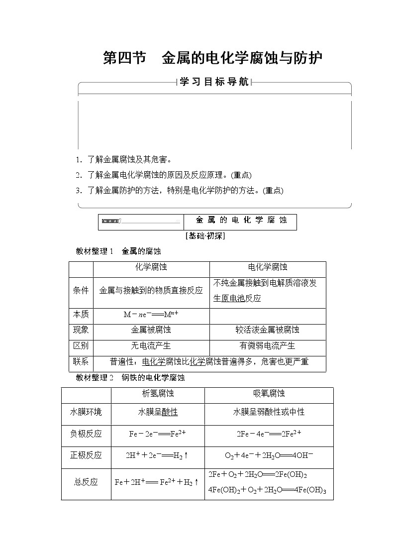 2018版高中化学（人教版）选修4同步教师用书：第4章 第4节 金属的电化学腐蚀与防护01