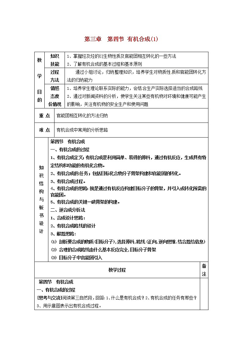 高中化学 第三章  第四节 有机合成(1)教案 新人教版选修5第1页
