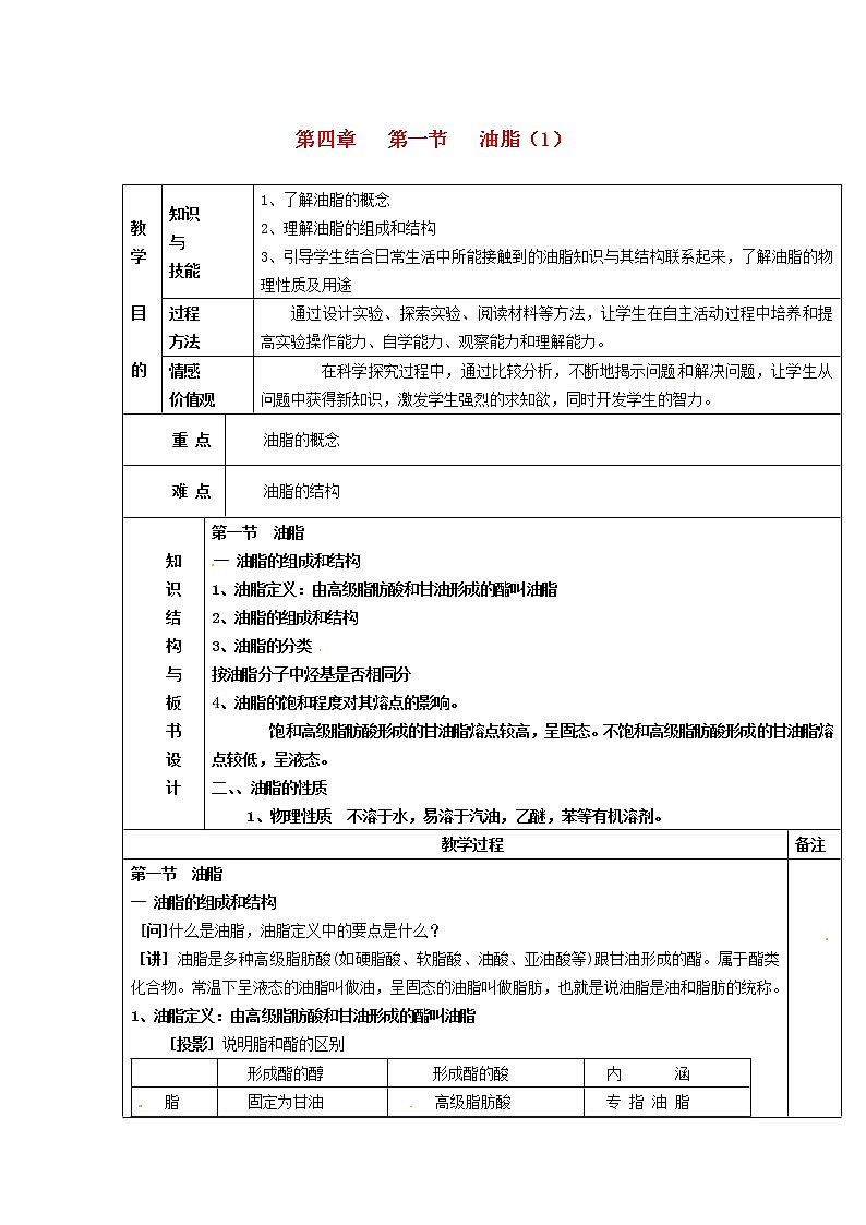 高中化学 第四章 第一节 油脂（1）教案 新人教版选修501