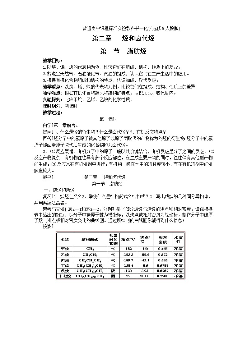 【推荐】人教版高中化学选修五 2.1脂肪烃第1课时（教案2）第1页
