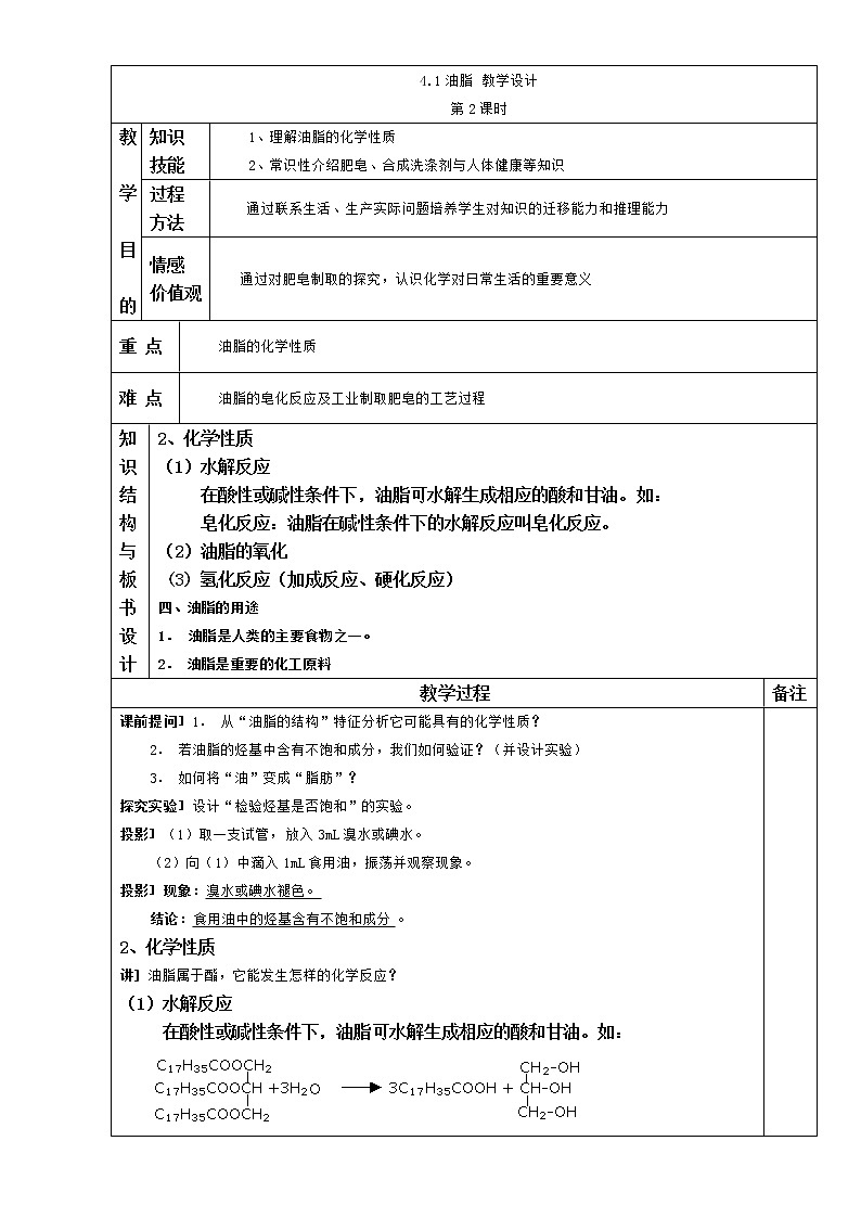 【推荐】人教版高中化学选修五 4.1 油脂第2课时（教案1）01