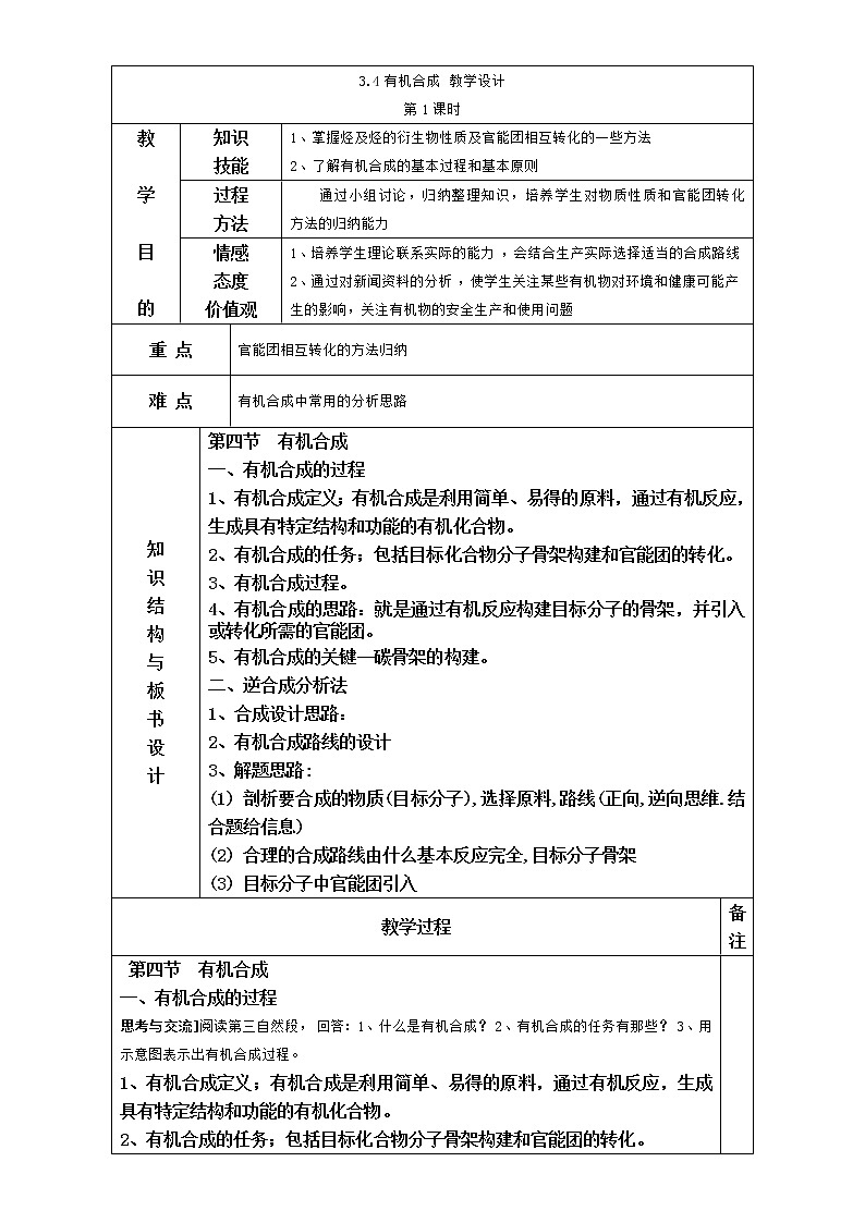 【推荐】人教版高中化学选修五 3.4有机合成第1课时（教案1）01