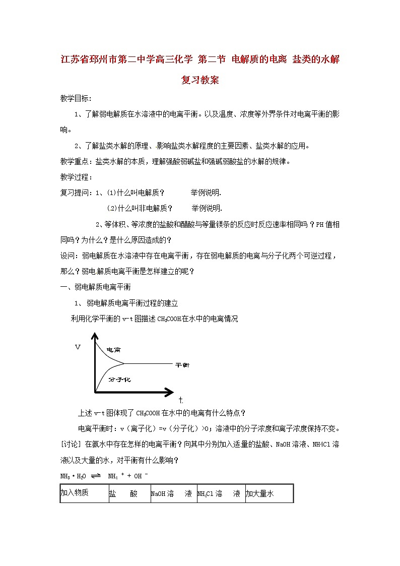 2021届高三化学 第二节 电解质的电离 盐类的水解复习教案01