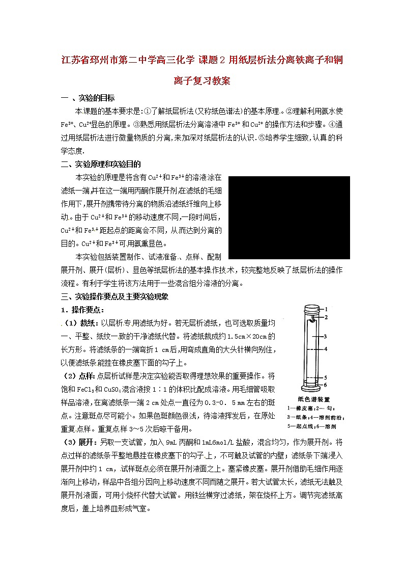2021届高三化学 课题2 用纸层析法分离铁离子和铜离子复习教案01