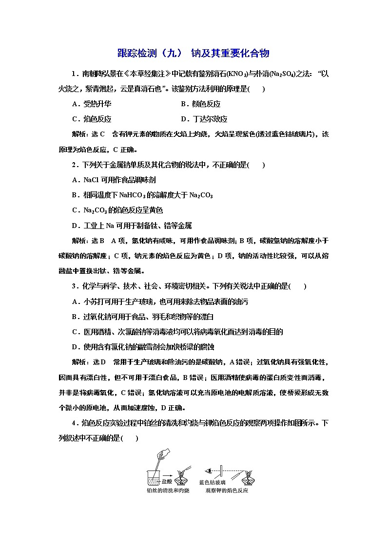 高考化学专题复习   跟踪检测（九）  钠及其重要化合物（含解析）试卷01