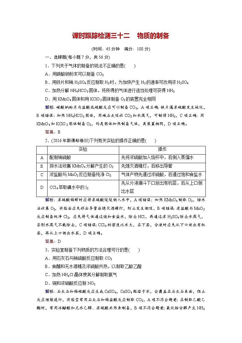 2018年高考化学总复习 课时跟踪检测 三十二　物质的制备 Word版含答案01
