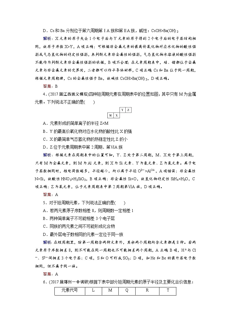 2018年高考化学总复习 课时跟踪检测 十六　元素周期表　元素周期律 Word版含答案02