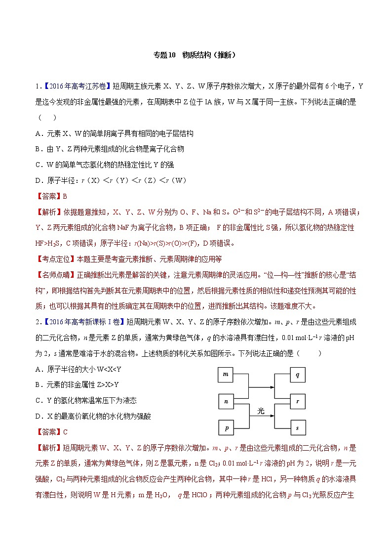 2018版高三化学一轮复习5年真题分类：专题10 物质结构（推断） Word版含答案第1页