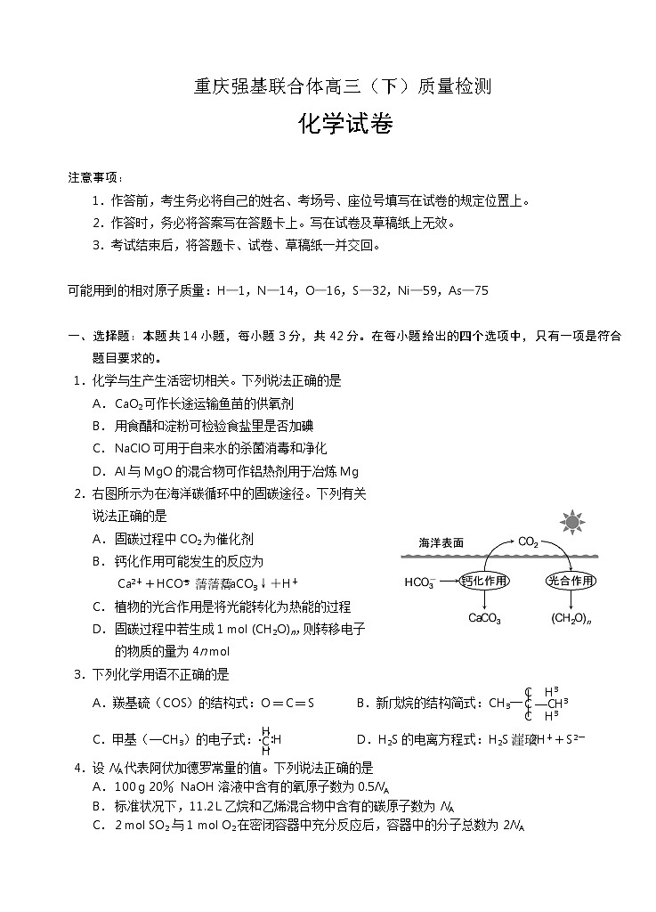 2021届重庆市强基联合体高三下学期质量检测化学（含解析）01