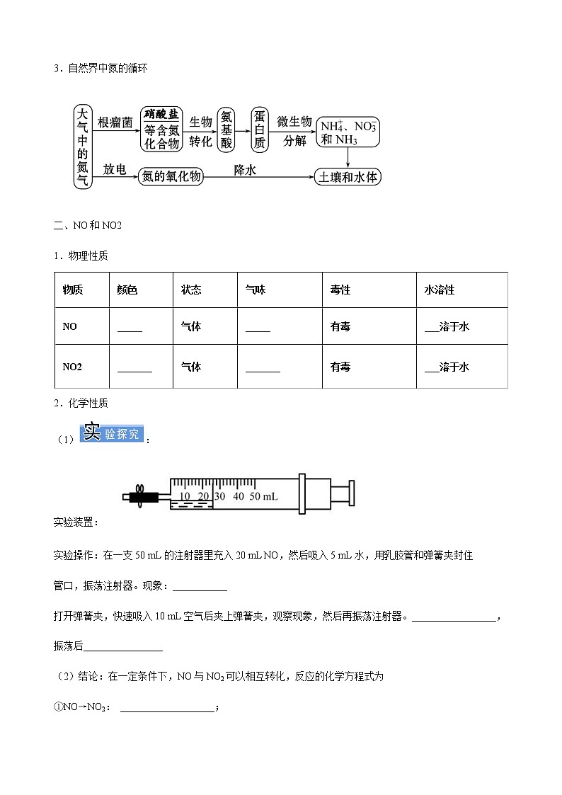 人教版高中化学必修二  第五章  第二节 模块1 氮气与氮的固定  一氧化氮和二氧化氮 学案第3页