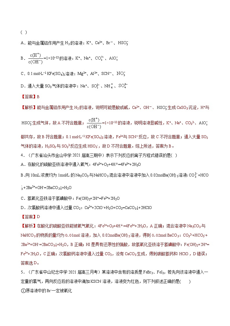 2021高考化学专题练习  专题04  离子反应方程式与离子推断（解析版）02