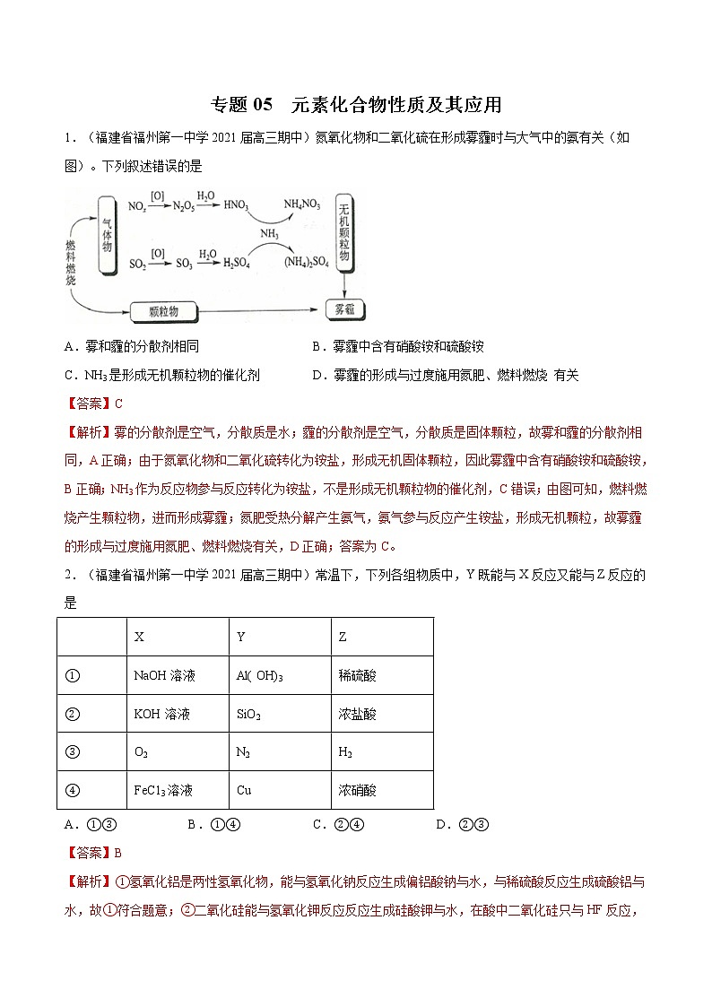 2021高考化学专题练习  专题05  元素化合物性质及其应用（解析版）01