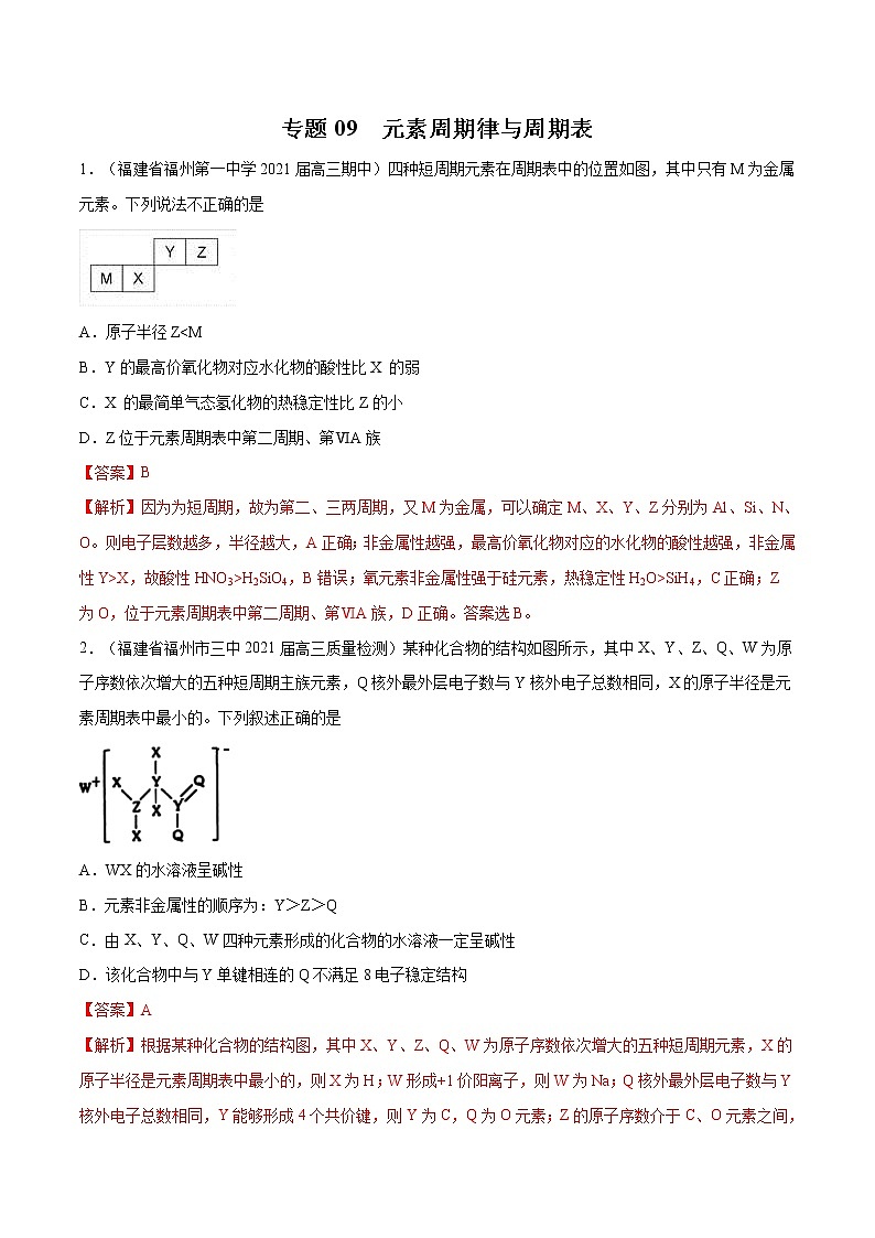 2021高考化学专题练习  专题09  元素周期律与周期表（解析版）01