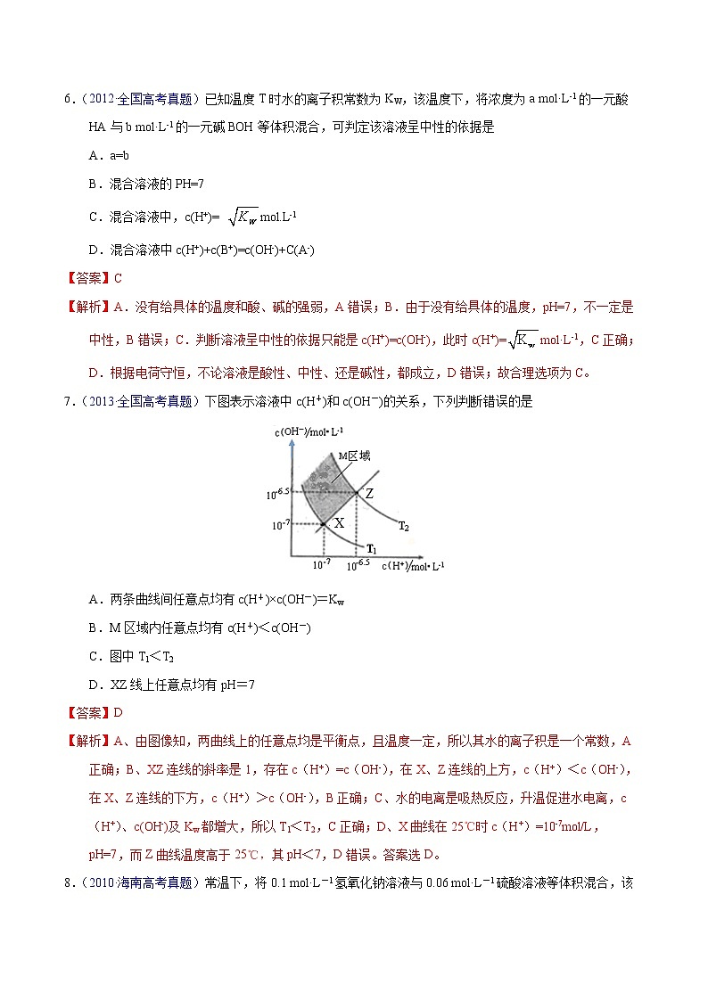 高考化学（2011~2020）真题专项练习   专题36  水的电离与溶液的pH（教师版）第3页
