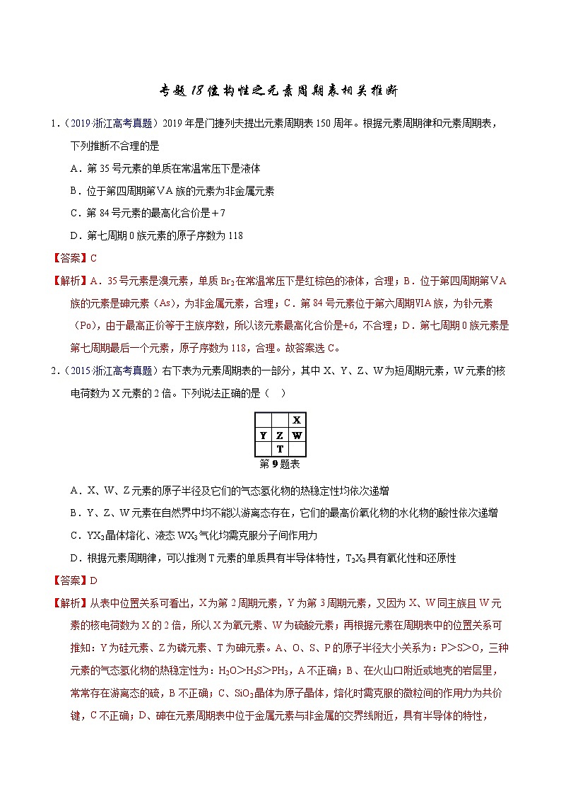 高考化学（2011~2020）真题专项练习   专题18  位构性之元素周期表相关推断（教师版）01
