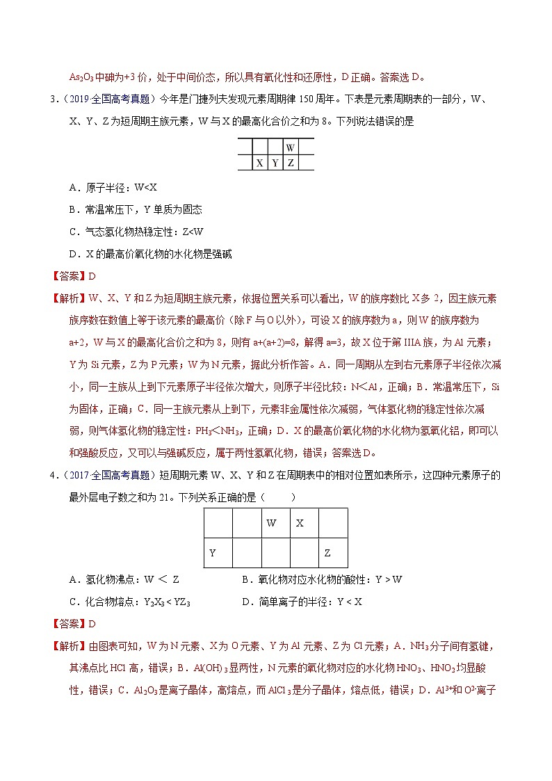 高考化学（2011~2020）真题专项练习   专题18  位构性之元素周期表相关推断（教师版）02