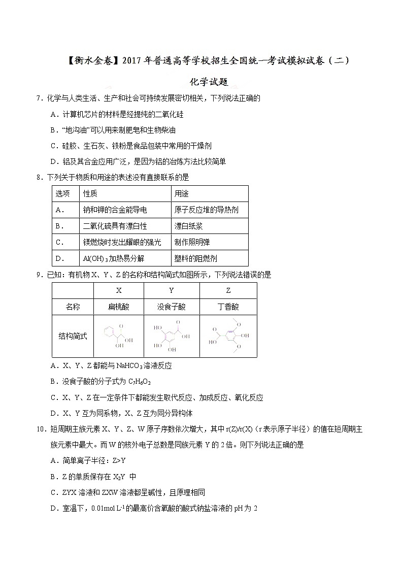 【全国省级联考word】【衡水金卷】2017年普通高等学校招生全国统一考试模拟试卷（二）化学试题01