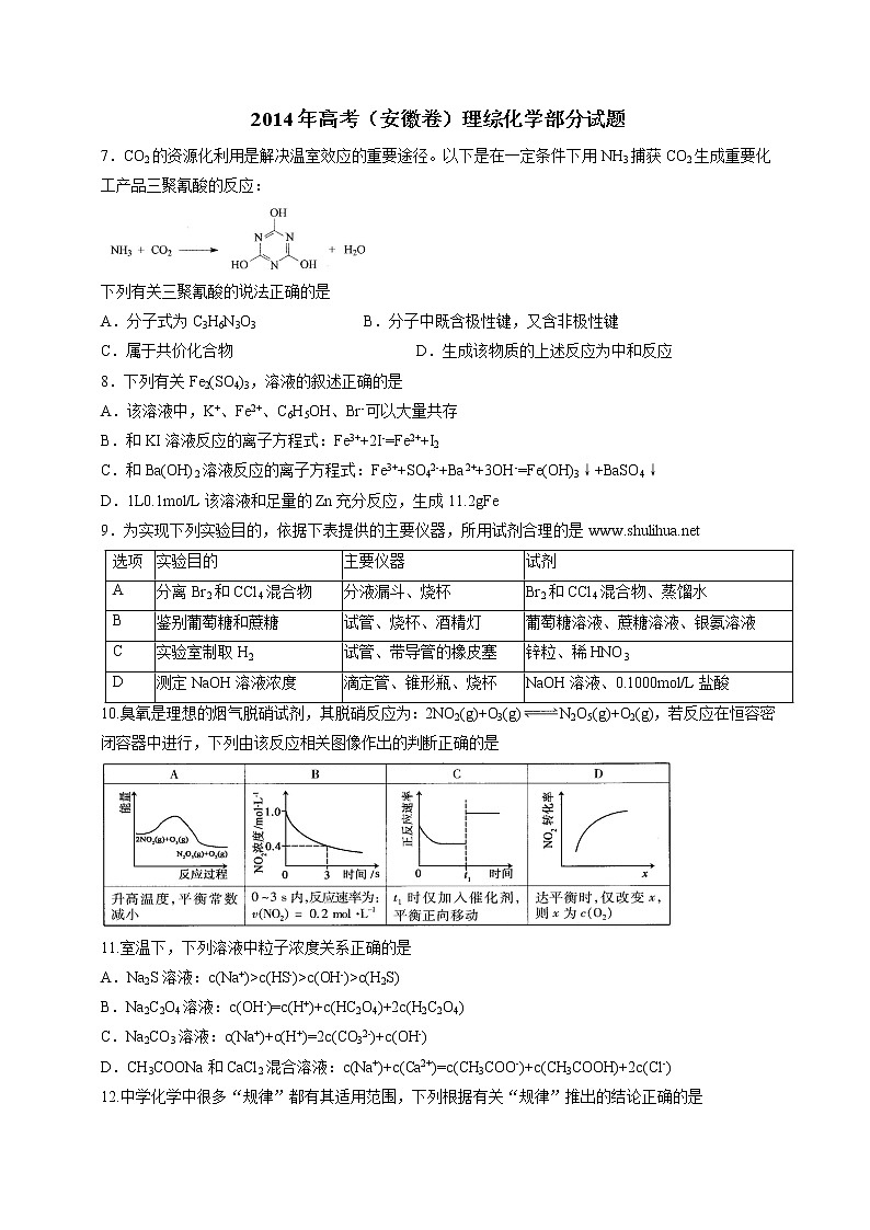 2014年（安徽省）高考真题理科综合（化学部分）试题及答案第1页