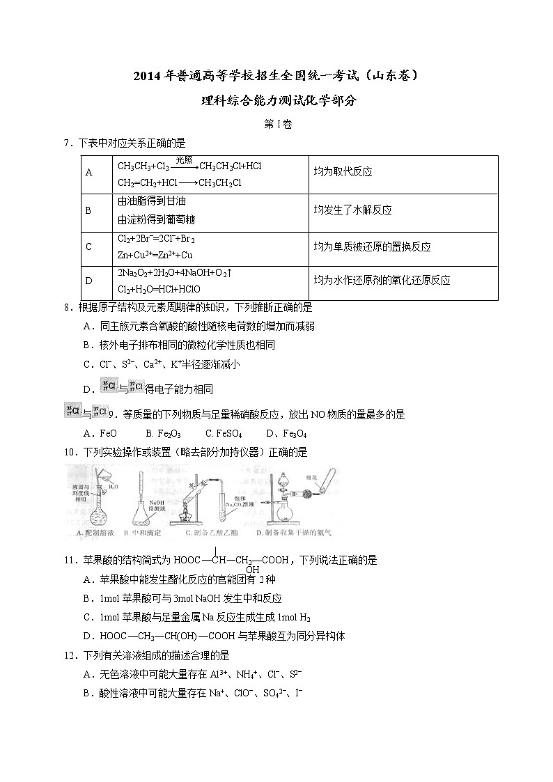 2014年（山东省）高考真题理科综合（化学部分）试题及答案01