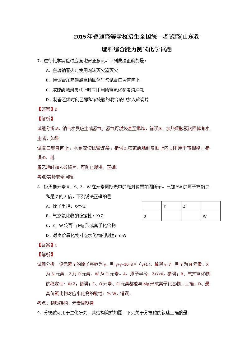2015年高考真题：理综化学（山东卷）（Word版，含解析）第1页