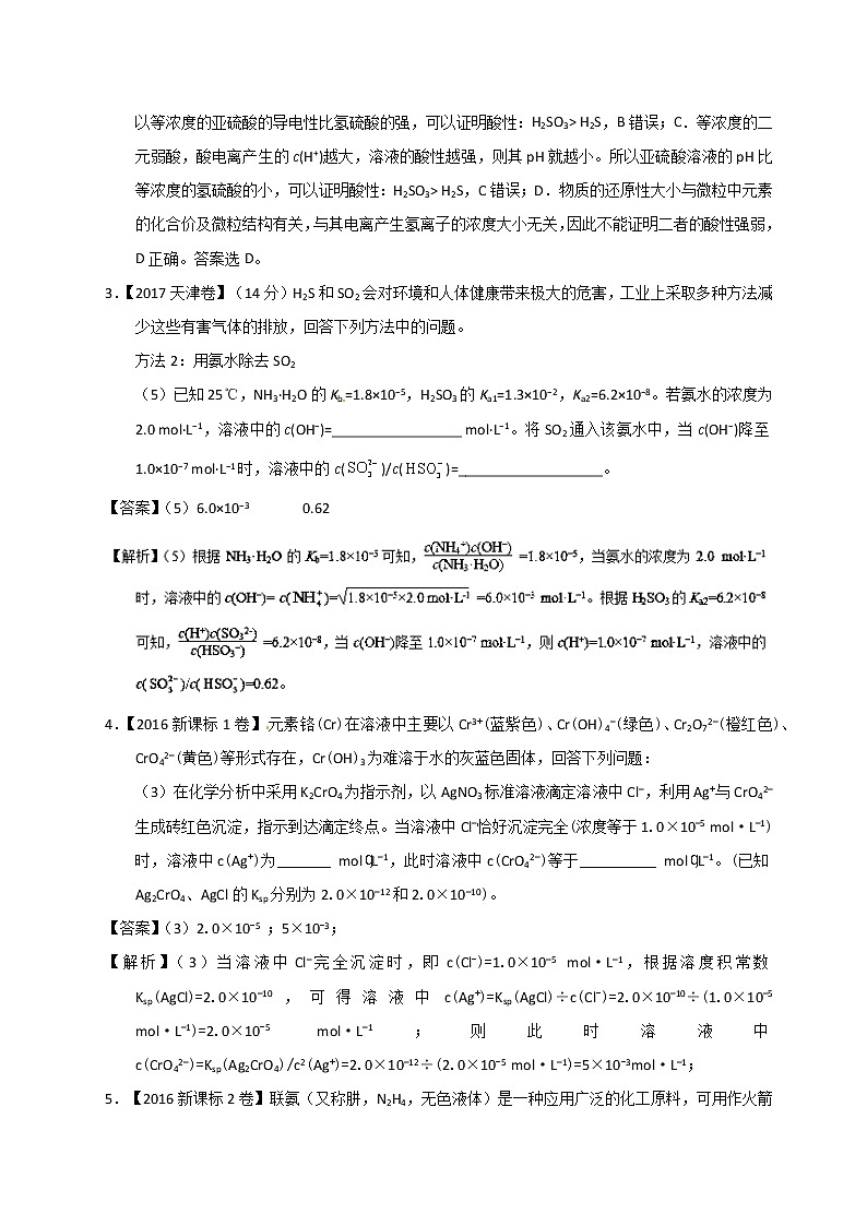 专题18 水溶液中的离子平衡综合应用-三年高考（2015-2017）化学试题分项版解析 Word版含解析02