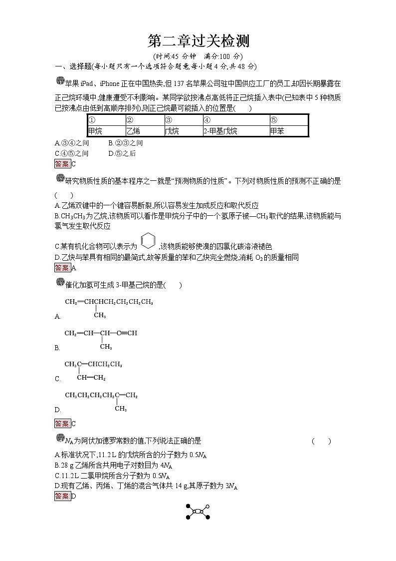 高中化学选修五（人教版 练习）：第二章 烃和卤代烃 第二章过关检测 word版含答案01
