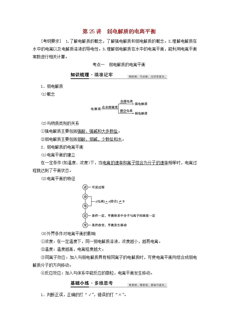 【鲁科版】高考化学一轮复习第25讲弱电解质的电离平衡教案01