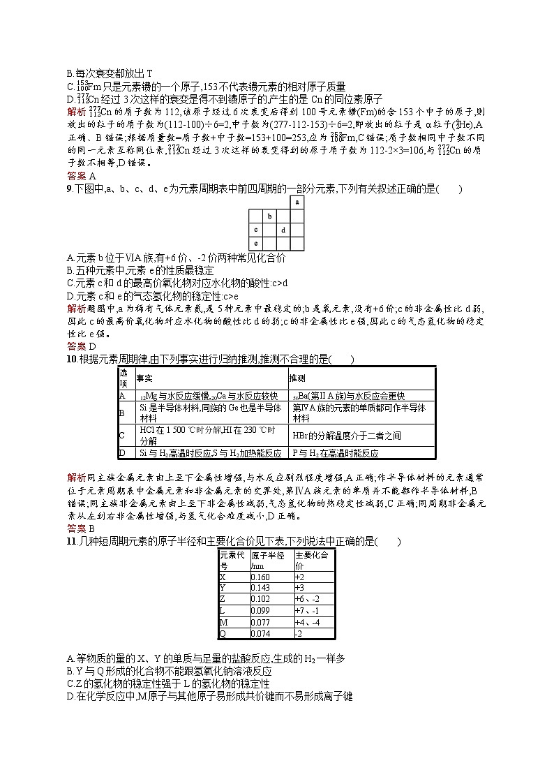 2021学年高一化学 第一章测评 同步测试 （人教版必修二）03