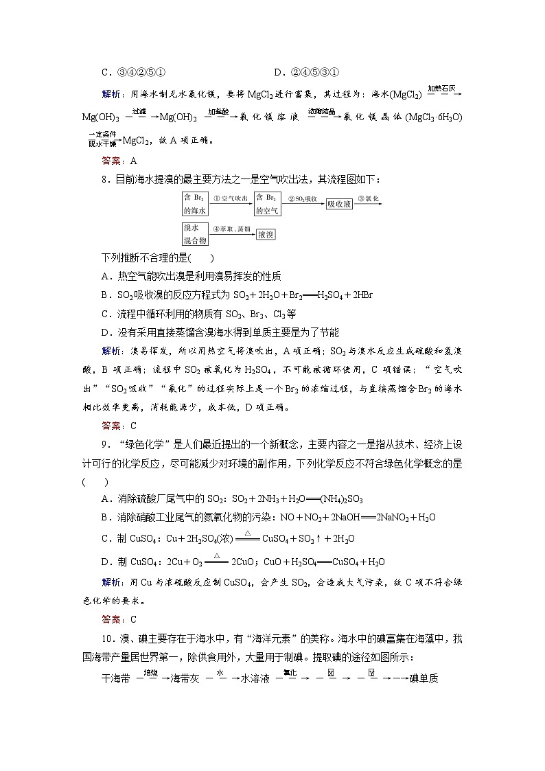高考化学总复习 课时跟踪检测 十四　海水资源的开发利用　环境保护与绿色化学 Word版含答案03