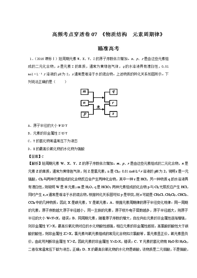 专题07 物质结构 元素周期律-高考化学高频考点穿透卷 Word版含解析01