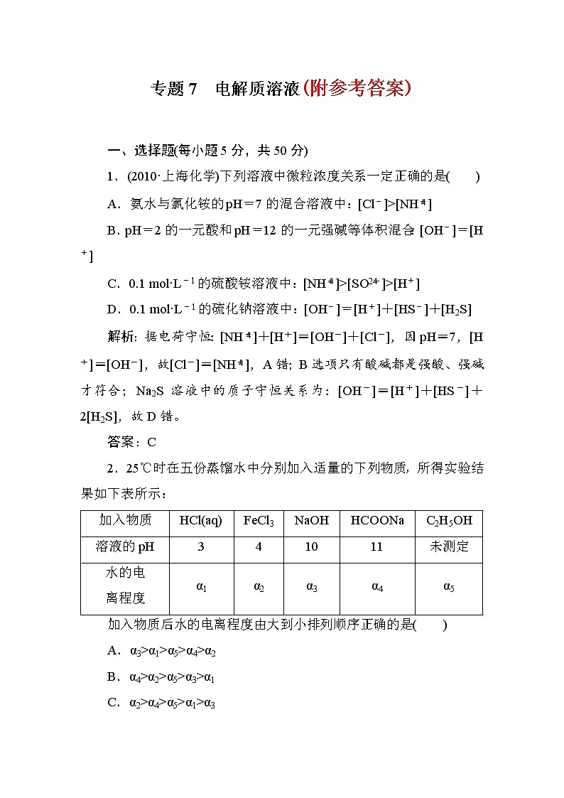 28高考化学二轮复习攻略：专题7-电解质溶液测试题2801