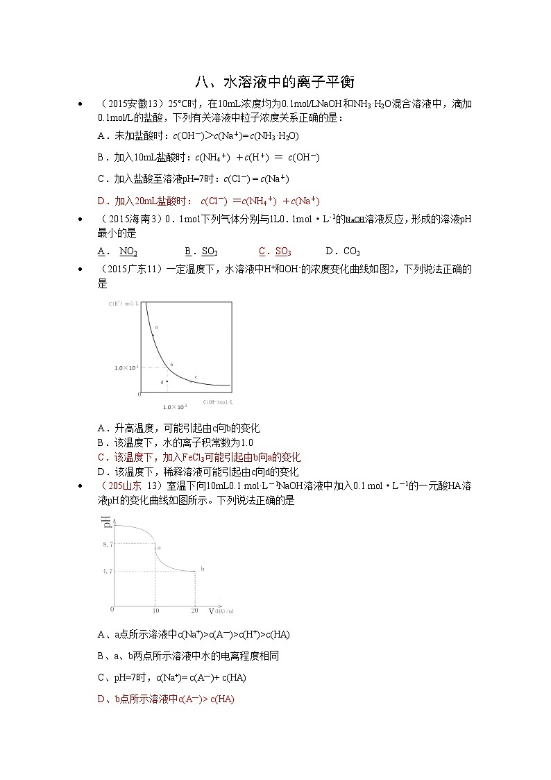 高考化学真题汇编专题8：水溶液中的离子平衡01