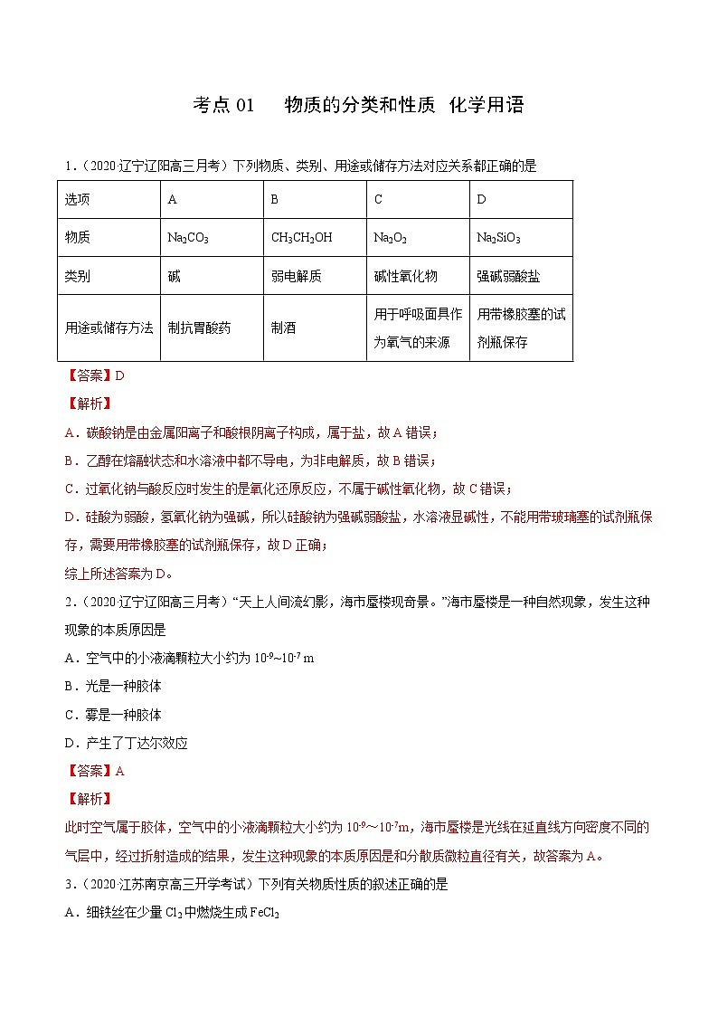 2021高中化学专题练习  考点01 物质的分类和性质 化学用语(解析版)01