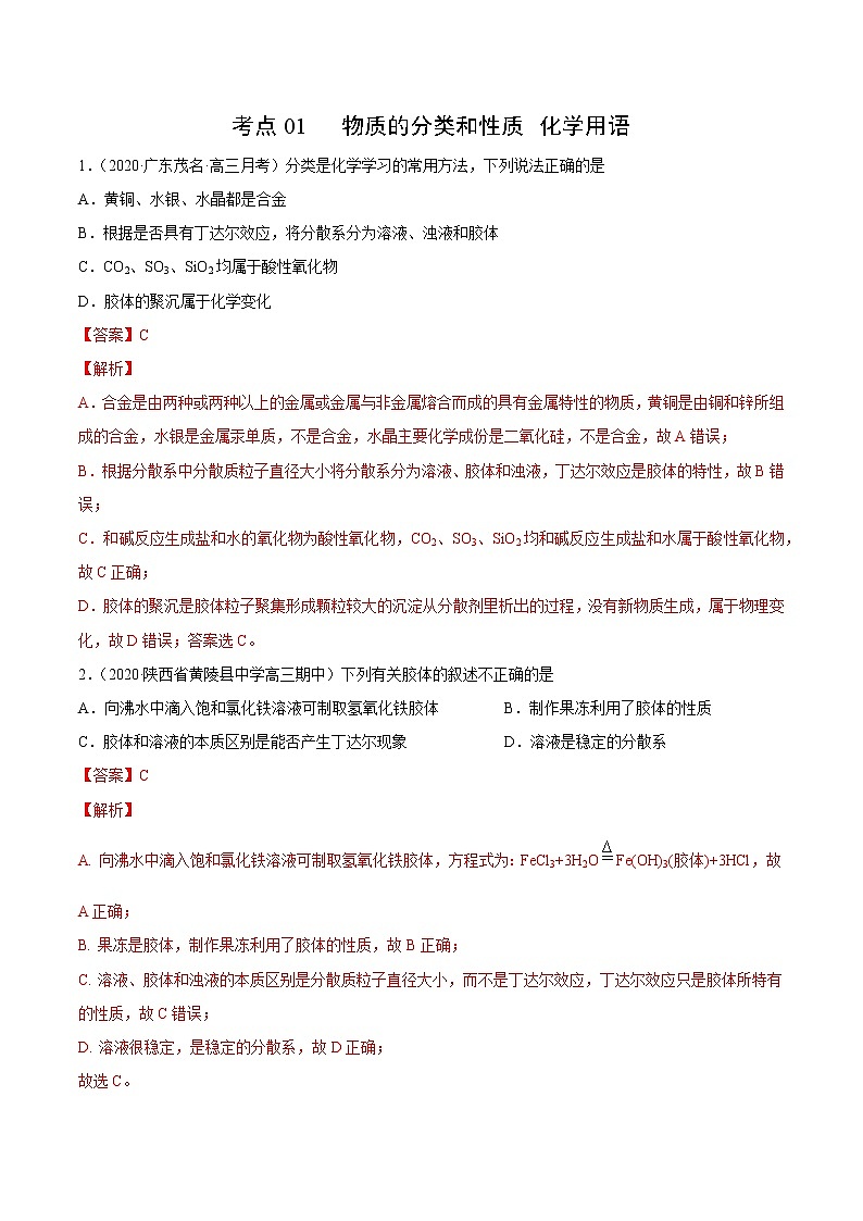 2021高中化学专题练习  考点01 物质的分类和性质 化学用语(解析版)第1页