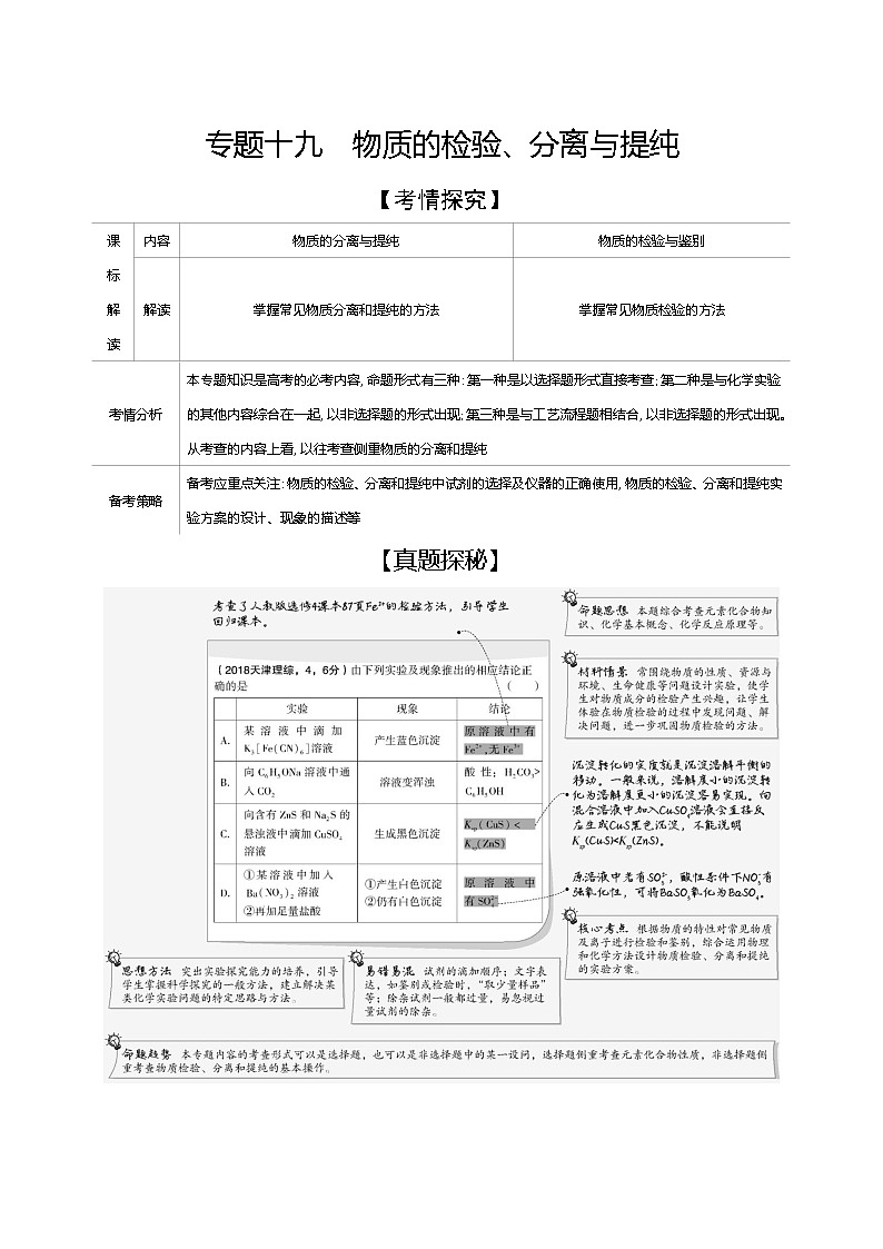 2021高考化学专题讲解   专题十九　物质的检验、分离与提纯（试题部分）01