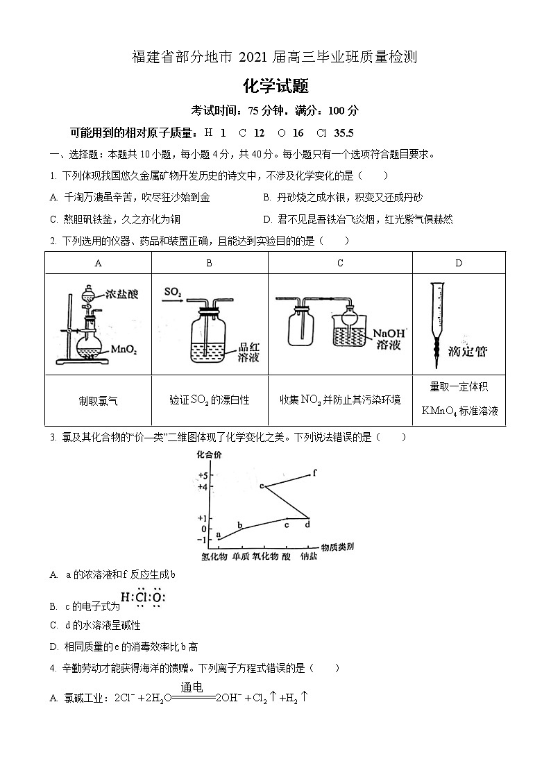 福建省部分地市2021届高三毕业班质量检测 化学试题（含解析）第1页