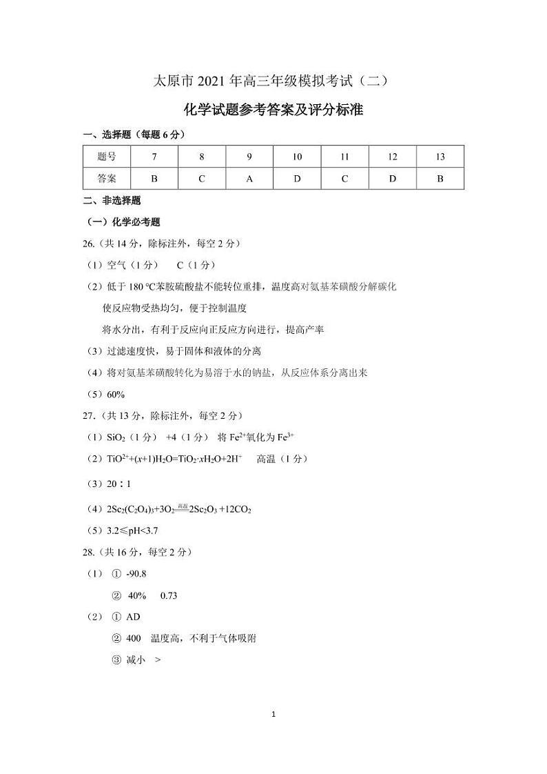 太原市2021年高三年级二模考试化学学科参考答案第1页