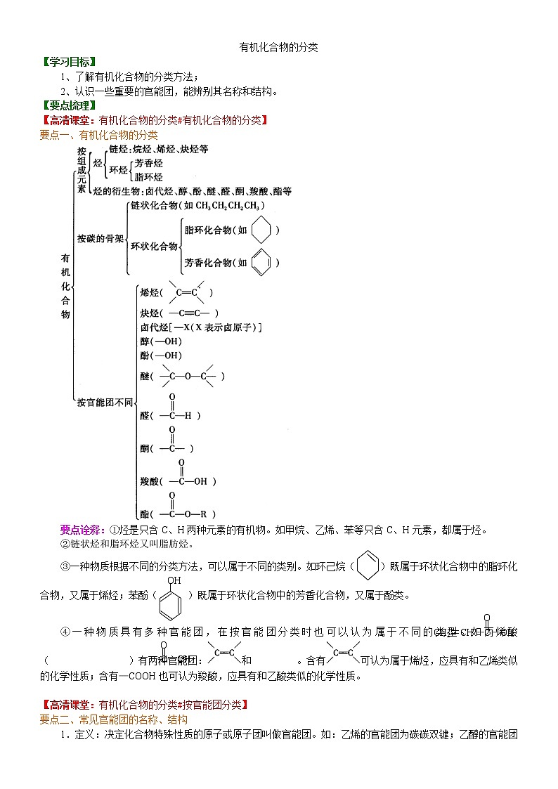 人教版 (新课标)高中化学选修5第一章第1节 有机化合物的分类  知识讲解提高学案01