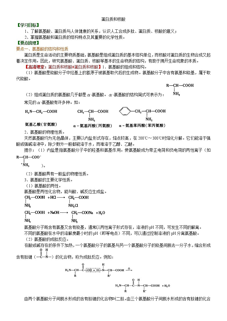 人教版 (新课标)高中化学选修5第四章第3节  蛋白质和核酸  知识讲解 基础学案01