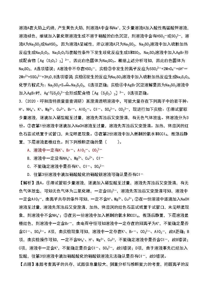 2021高考模拟题精细分类—离子反应 专题4  离子推断（含解析）02