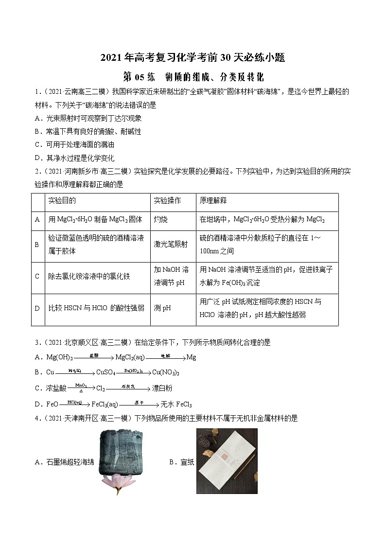 第05练 物质的组成、分类及转化-2021年高考复习化学考前30天必练小题（原卷版）第1页