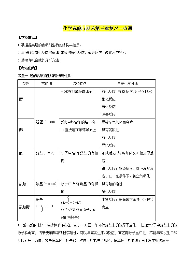 高中化学 人教版 选修5 期末复习一点通（第03章）综合能力测试+知识点回顾01