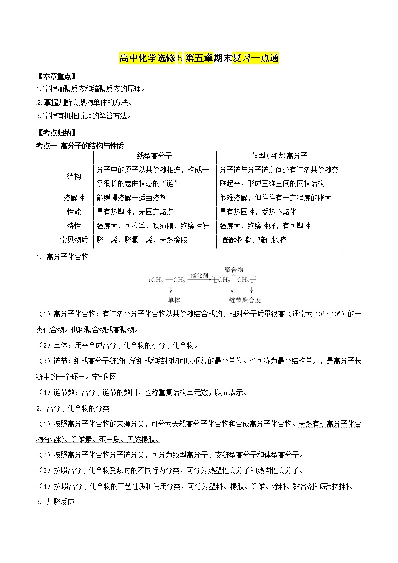 高中化学 人教版 选修5  期末复习一点通（第05章）综合能力测试+知识点回顾01