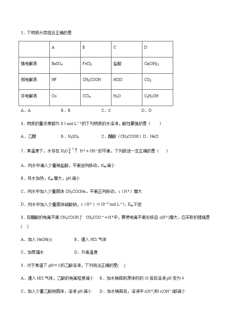 高二上学期化学苏教版（2019）选择性必修1：专题三第一单元弱电解质的电离平衡期末复习练02